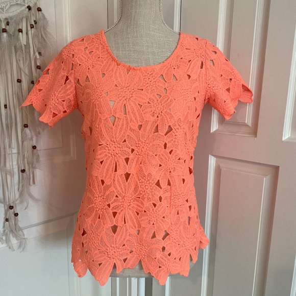 Japan Handmade Neon Orange Lace Blouse with Back Zipper & Short Sleeves – Size S - Picture 2 of 11